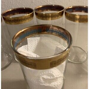 Vintage Highball Tumbler Drinking Glasses 22Kt Gold Rimmed W teal 6 Pc Set